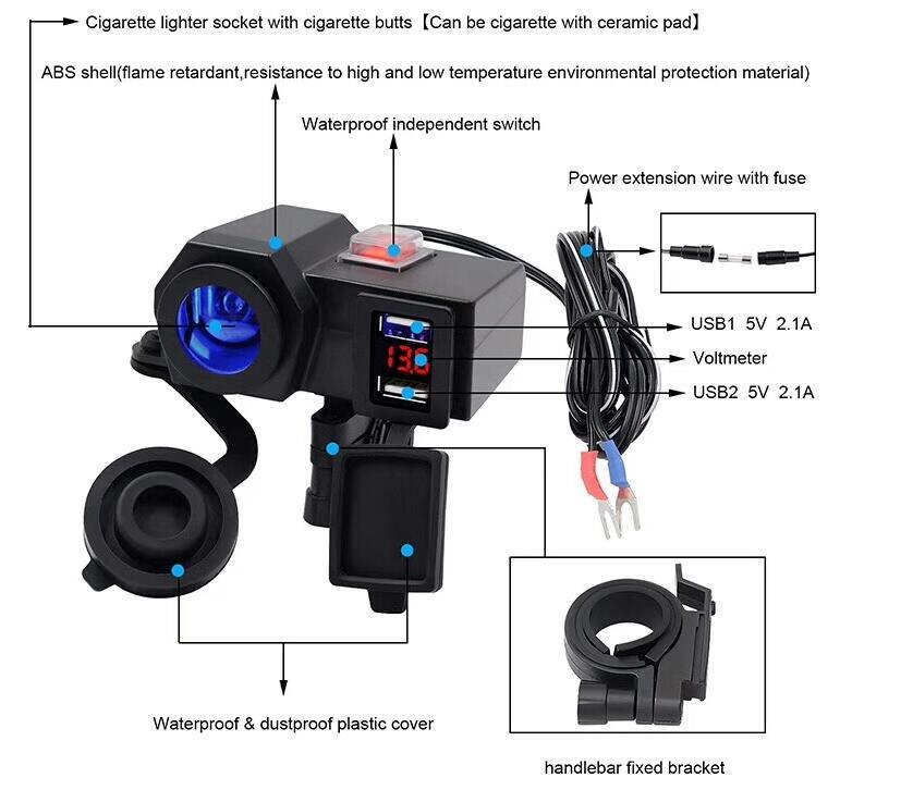 Cargador USB 4.2A para motocicleta con voltímetro y toma de encendedor de cigarrillos